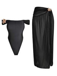 SHEIN Swim 2pcs Solid Color Backless High Cut Mesh One Piece Swimsuit, Fashionable & Elegant - Black - View 7