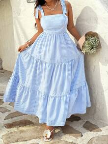 Sunnyshic Vestido de tirantes elegante y holgado con estampado de rayas, estilo de vacaciones en la playa - Azul - Ver 3