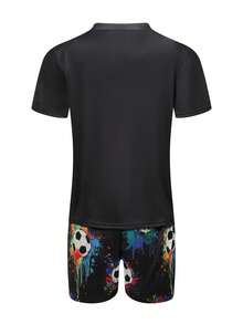 SHEIN 男童夜光足球图案休闲短袖T恤和短裤两件套睡衣，宽松舒适，适合夏季穿着 - 彩色 - 查看 4