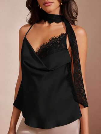 L'Amorae Top de satén con cuello de capucha y bufanda incorporada, atuendo para vacaciones, Año Nuevo y citas