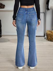 SHEIN Unity Y2K Women's Fashion Washed Embroidered Flare Jeans - Dark Wash - View 2