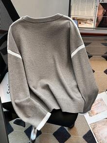 SHEIN PETITE CURVE Plus Size Casual Contrast Color Drop Shoulder Long Sleeve Pullover Sweater - Khaki - View 2