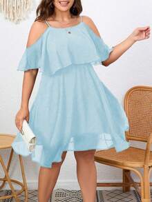 Flouryn Plus Size Women Solid Color Ruffle Trim Off Shoulder Fashionable Dress - Baby Blue - View 1