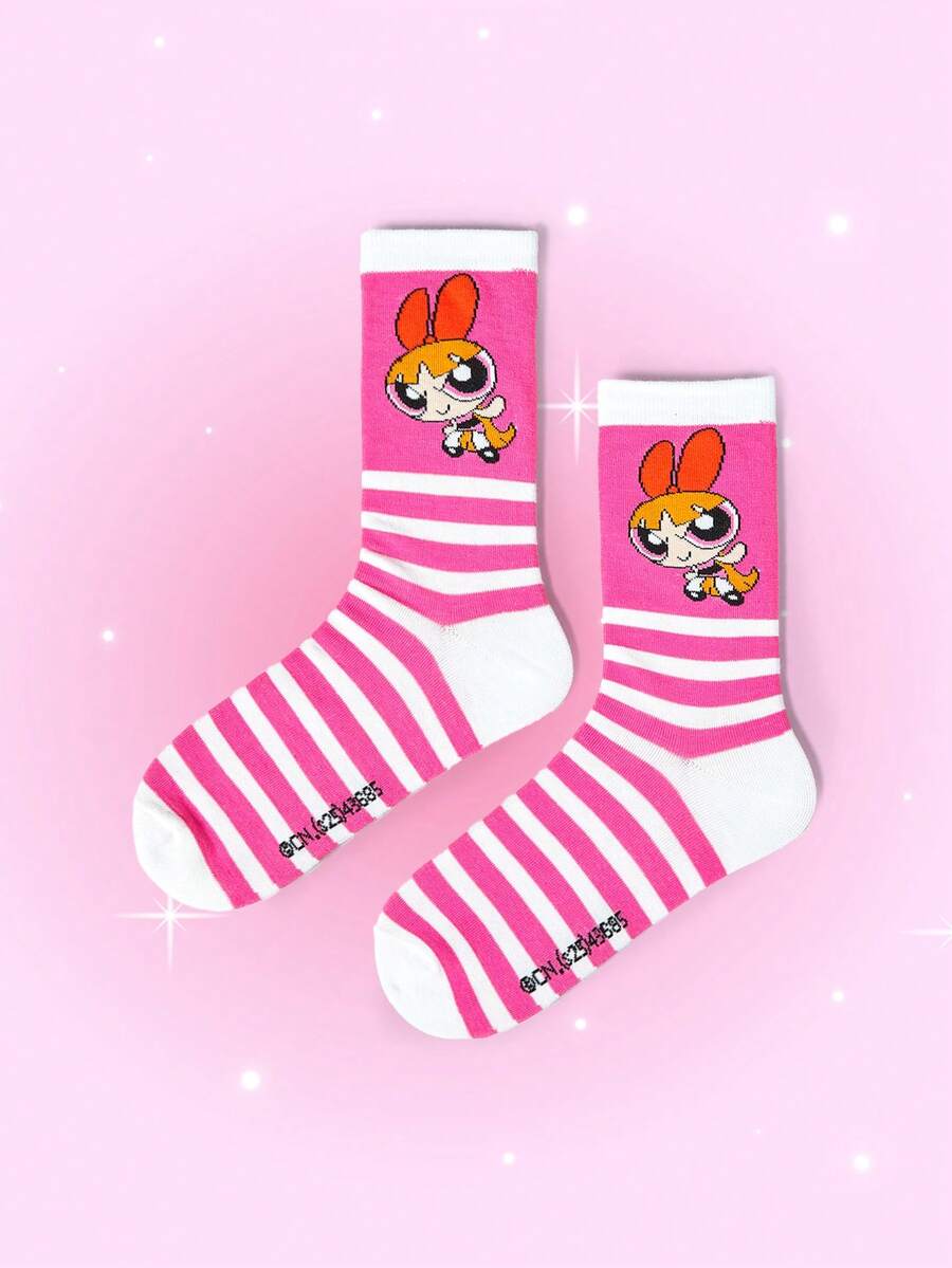 THE POWERPUFF GIRLS X SHEIN Calcetines tipo tripulación para mujer - Rosa Fucsia - Ver 1