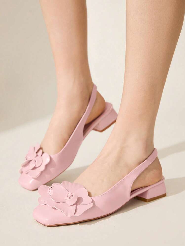 CUCCOO CHICEST Women Fashion Pink 3D Floral Decor Strap Low Heel Square Toe Versatile Commuting & Party Flat Slingback Shoes For Christmas Elegant Shoes Wedding Shoes Summer Shoes Bride Shoes