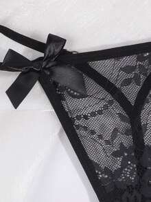 性感蕾丝蝴蝶结珍珠丁字裤 - 黑色 - 查看 3