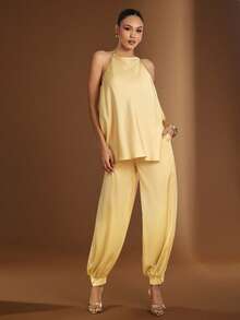Hauture Pantalones casuales de unicolor con bolsillos y cordón para mujer, versátiles para vacaciones y viajes - Amarillo - Ver 3