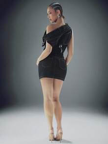 Denimoi Stacked Waist Off Shoulder Denim Mini Dress Fashionable Streetwear Denim Dress Statement Denim - Dark Wash - View 5