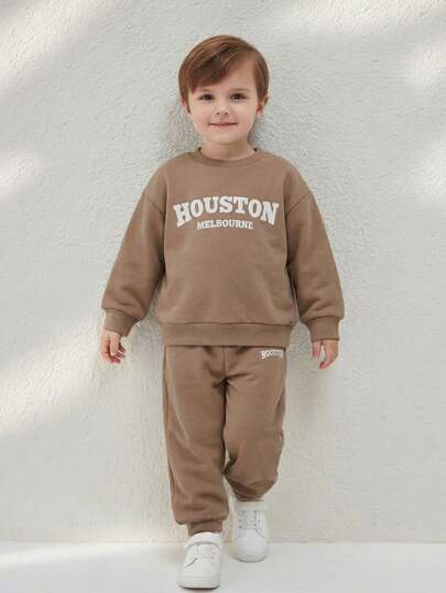 Blossori Young Boys French Elegant Vintage Letter Print Crew Neck Long Sleeve Sweatshirt/Sweatpants Set
