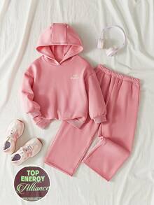 Maija Kids Bộ đồ thường ngày cho bé gái, áo hoodie in họa tiết tiếng Anh phát sáng trong bóng tối màu hồng và quần nỉ ống rộng - Bụi hồng - Xem 6