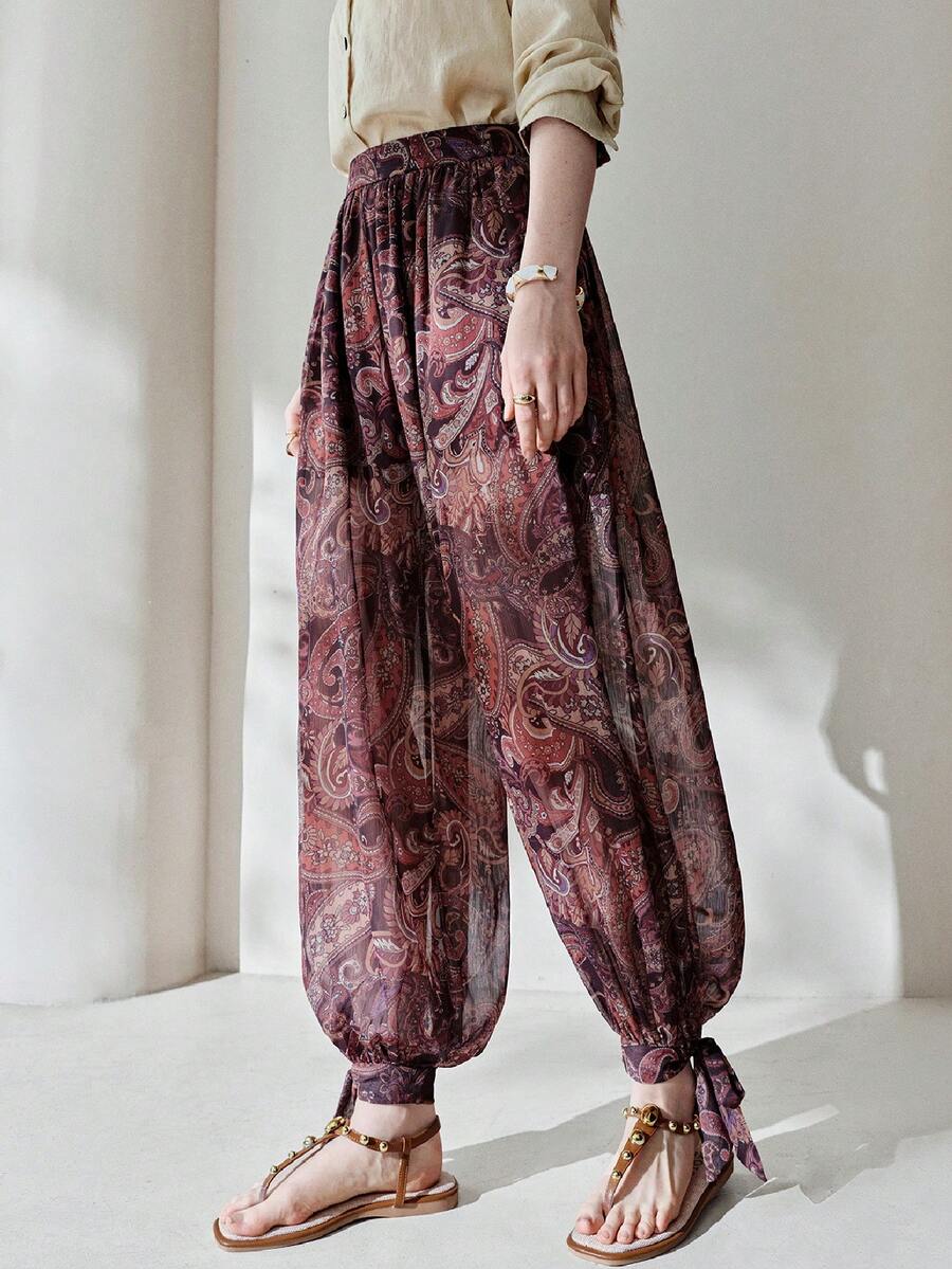 Frievida 波西米亚风腰果花印花雪纺灯笼裤，中腰常规长度长裤 - 彩色 - 查看 1