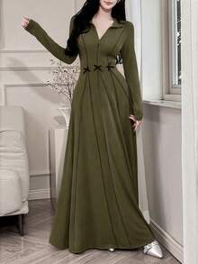 Feyla Đầm thời trang nữ phong cách Ả Rập có khóa kéo nơ thường ngày - xanh quân đội - Xem 1