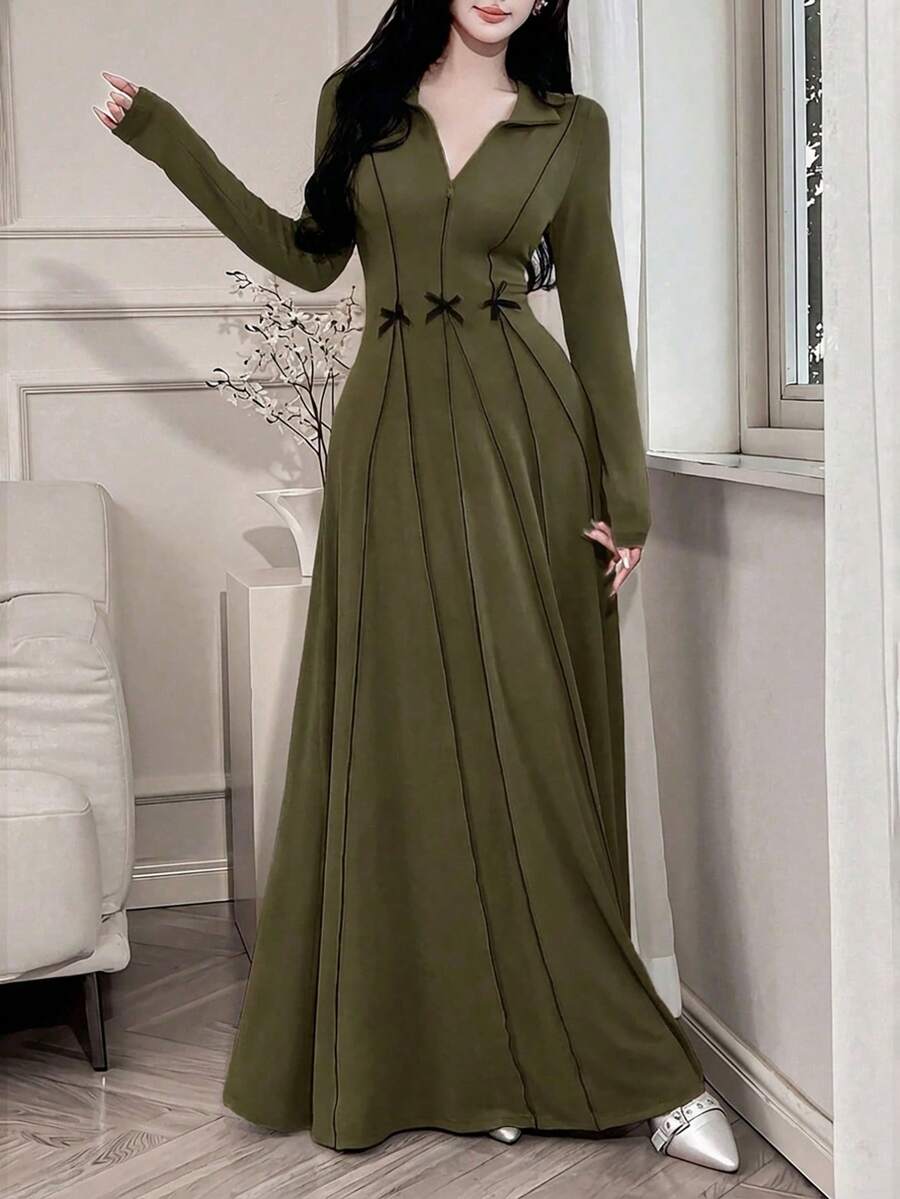 Feyla Đầm thời trang nữ phong cách Ả Rập có khóa kéo nơ thường ngày - xanh quân đội - Xem 1