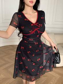 Feyla Women's Elegant Commuter Cherry Print Short Dress, Summer - Multicolor - View 4