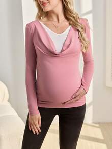 SHEIN Umstandsmode Geraffter Rundhals Langarm Strick Lässig Top - Pink - Übersicht 6