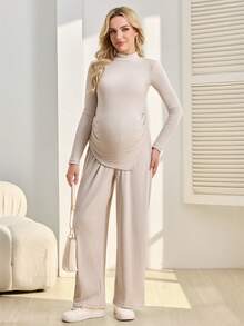 SHEIN 2pcs Maternity Ribbed Casual Comfortable Set - Khaki - View 4