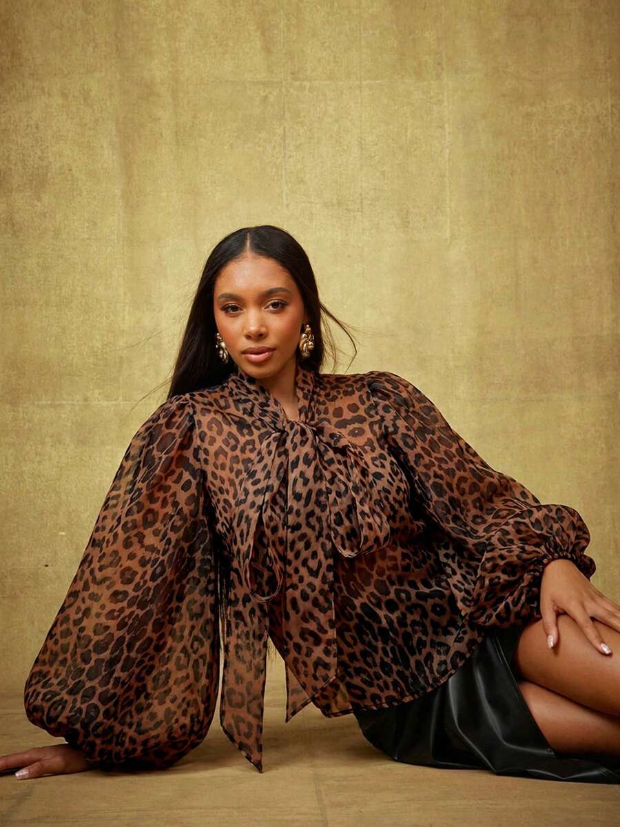 Vixey Animal Print Sheer Organza Volume Balloon Sleeve Bow Top - Multicolor - View 1