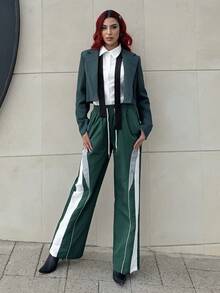 Bearsaez Women's Drawstring Waist Pocket Patchwork Casual Sports Pants, Ladies' Spring/Autumn Casual Drawstring, Pockets, Side Stripes Natural Straight Wide-Leg Long Green Loose Pants, Casual Everyday Wear, Back To School - Green - View 1