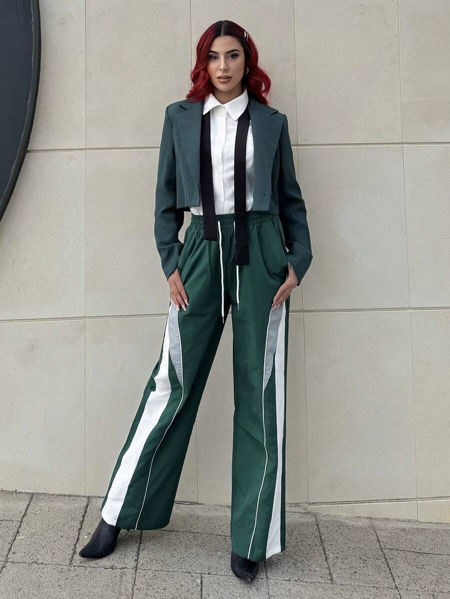 Bearsaez Women's Drawstring Waist Pocket Patchwork Casual Sports Pants, Ladies' Spring/Autumn Casual Drawstring, Pockets, Side Stripes Natural Straight Wide-Leg Long Green Loose Pants, Casual Everyday Wear, Back To School - Green - View 1