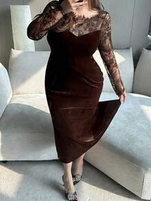 Dazy Plus 大码女士丝绒撞色蕾丝紧身派对连衣裙，性感弹力约会吊带裙 - 棕色 - 查看 3