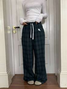 SHEIN EZwear Calça feminina xadrez folgada com cordão, confortável e casual. - Verde escuro - Ver 2