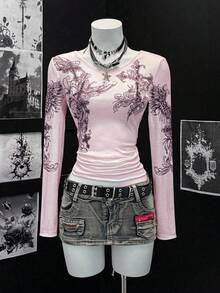 EgrlEra Cross Print V-Neck Thin Long Sleeve T-Shirt, Punk Style - Pink - View 5