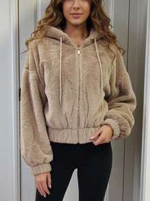 Chamarra de Peluche Corta para Mujer con Capucha, Cierre Completo y Ajuste Elástico, Abrigo Ligero de Invierno - Avena - Ver 5