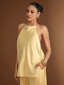 Hauture 女士露背吊带休闲百搭度假上衣 - 黃色 - 查看 2