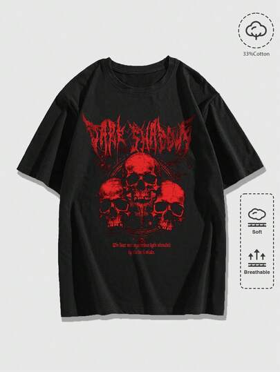 ROMWE MEN Grunge Punk Spring/Summer Casual Graphic Men'S Casual Crew Neck Short Sleeve Skull Graphic T-Shirt, Summer