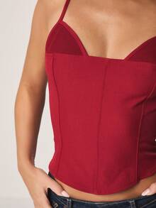 MISSGUIDED Áo hai dây corset hai lớp bằng vải lưới màu đỏ tía, có phần lưng nhún bèo, cổ áo hình trái tim, thích hợp cho các buổi tiệc tối mùa hè. - Đỏ - Xem 4