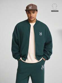 Musero Woven Collarless Zip Through Boxy Oversized Long Sleeve Drop Shoulder PREMIUM Sweater Jacket Embroided Embelem SPRING SUMMER Tracksuit Top Only - Dark Green - View 1