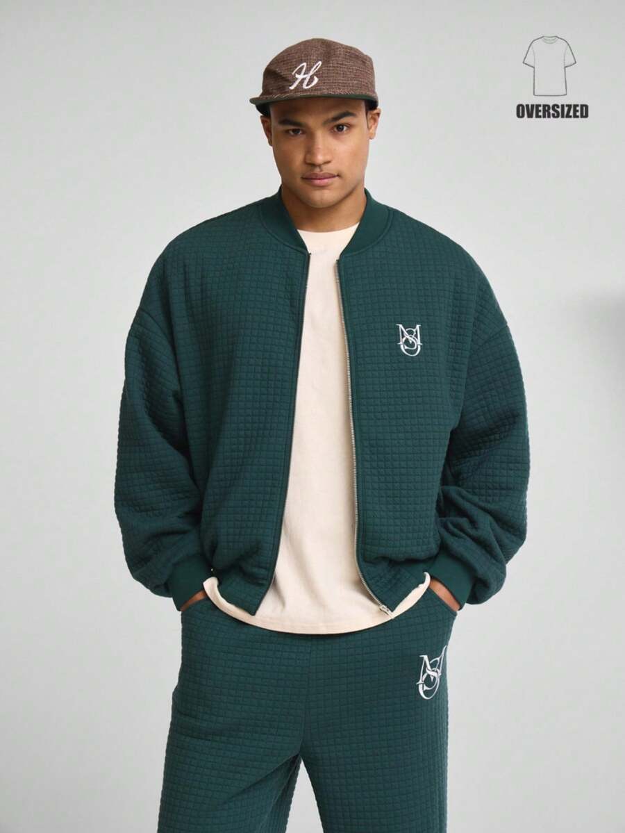Musero Woven Collarless Zip Through Boxy Oversized Long Sleeve Drop Shoulder PREMIUM Sweater Jacket Embroided Embelem SPRING SUMMER Tracksuit Top Only - Dark Green - View 1