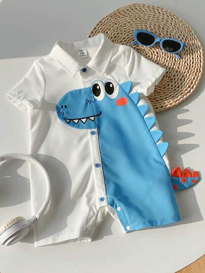 SHEIN Cute Cartoon Dinosaur Pattern Lapel Short Sleeve Romper Shorts, Casual & Versatile For Baby Boys & Girls, Spring/Summer