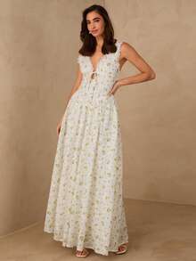 Enchnt New Arrival Spring/Summer Romantic V-Neck Tie Waist-Cinching Fashionable Yellow Flowers Embroidered Dress,Chic&Elegant For Date&Going Out&Vacation&Valentine's Day&Beach Dress, Women Vacation Outfits Women ,Outfits Beach Dress Beach ,Holiday Outfit For Women,Elegant Dresses For Women - Multicolor - View 4