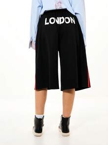 SUMWON WOMEN Pantalones cortos deportivos de pierna ancha y sobredimensionados con estampado gráfico de Londres, con detalles de rayas laterales contrastantes, estilo bermuda casual de verano con cordón en la cintura - Negro - Ver 5
