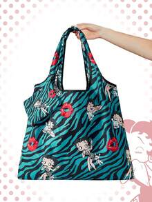 Betty Boop | ROMWE Large Capacity Foldable Tote Bag With Coin Pouch, Portable Shopping Bag, Gym Bag - blue-green - View 5