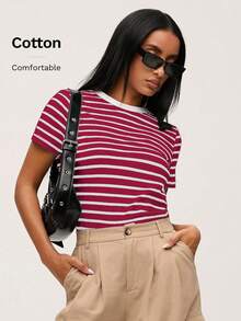 SHEIN BASICS Áo thun nữ cổ tròn tay ngắn in họa tiết sọc đa năng thường ngày - Màu Đỏ Sâu - Xem 8