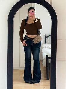 Vibekara Áo thun lửng dáng rộng, màu trơn, viền ren, tay dài, cỡ lớn, kiểu dáng thường ngày. - Cà phê nâu - Xem 6