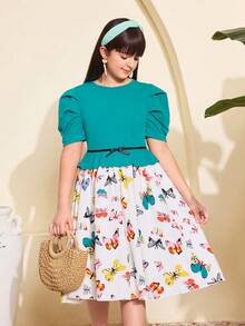SHEIN 1pc Tween Girl's Teal Elegant Summer Party Dress,Fashionable Preppy Style Round Neck Short Sleeve Butterfly Print Patchwork Hem,Casual Outings - Green - View 6