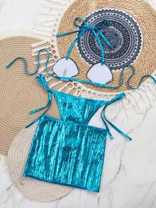 Swim SXY Bộ đồ bơi 3 món mới mùa Xuân/Hè 2026 dành cho nữ, đồ bơi đính sequin hình vỏ sò, trang phục đi biển. - Màu xanh lam - Xem 8