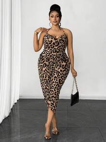 Maweii Plus Size Women Leopard Print Ruched Slit Hem Sexy Halter Neck Dress - Multicolor - View 3
