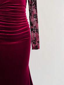 Elamini 女士黑色丝绒网纱提花立领侧开衩珍珠纽扣褶裥鱼尾长袖连衣裙，优雅中式复古风，适合派对、工作、约会、日常穿着，秋冬季款。 - 酒紅色 - 查看 5