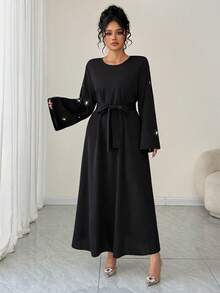 Al Najma Plus Size Women's Autumn Black Beaded Waist Belt A-Line Elegant Arabic Style Dress - Black - View 5