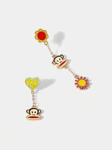 Paul Frank X ROMWE Fashionable Cute Flower & Monkey Design Dangle Earrings - Yellow Gold - View 3