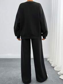 EURMUSE Set da casa in due pezzi con decorazioni in perle per donne - Felpa oversize e pantaloni a gamba ampia, tuta comoda, completo casual con tasche laterali, outfit morbido e confortevole per la casa - nero - Visualizzare 7