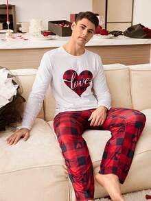 CoupledUp 男士两件套心形格子睡衣套装，情侣家居服 - 彩色 - 查看 7