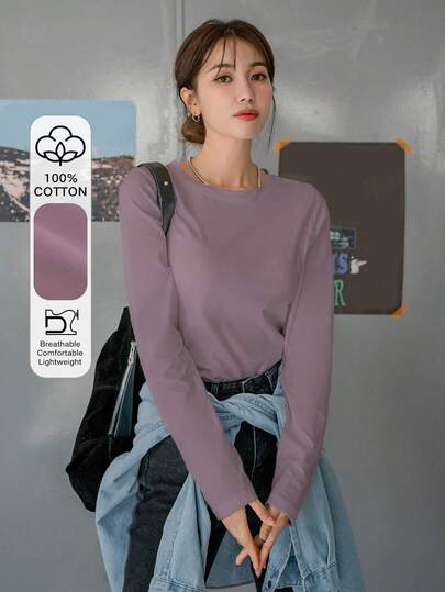 DAZY Women's Solid Color Round Neck Casual Versatile Commuting Long Sleeve T-Shirt