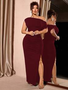 Cravure Plus Size Women's Solid Color Elegant Asymmetric Neck Bodycon Dress With High Slit - Burgundy - View 6