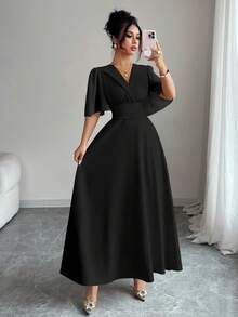 Elenzga Đầm nữ mới, cổ bẻ, eo xếp ly, chất liệu chiffon, phối họa tiết, tay bồng, thích hợp mặc thường ngày, đi nghỉ mát, đi nghỉ mát, thanh lịch. - màu đen - Xem 3