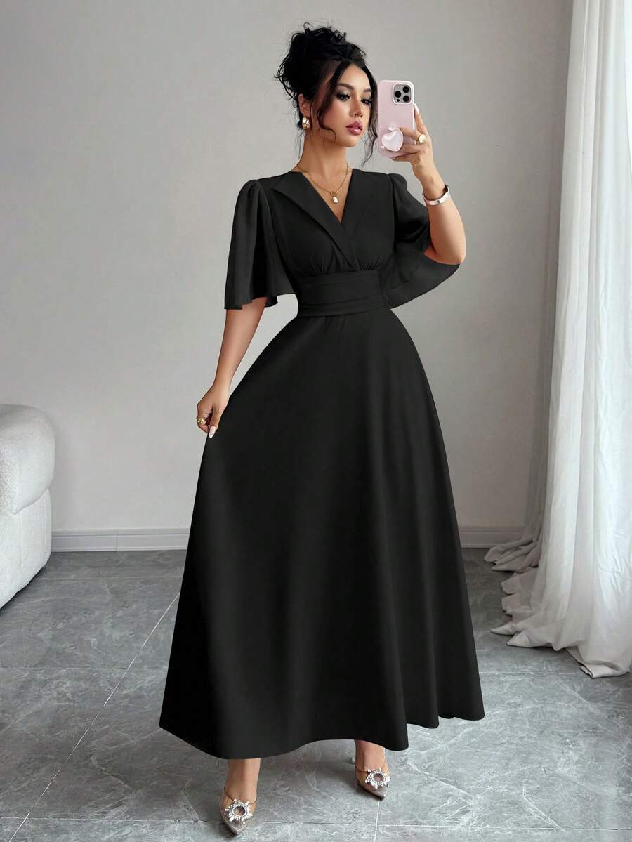 SHEIN Elenzya Đầm nữ mới, cổ bẻ, eo xếp ly, chất liệu chiffon, phối họa tiết, tay bồng, thích hợp mặc thường ngày, đi nghỉ mát, đi nghỉ mát, thanh lịch. - màu đen - Xem 1